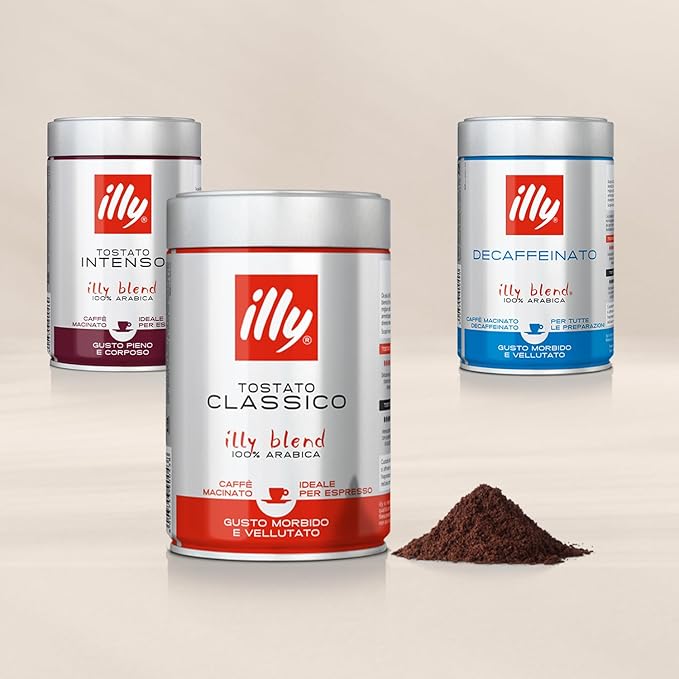 illy Ground Coffee Espresso - 100% Arabica Coffee Ground – Classico Decaf Roast - Notes of Caramel, Toasted Bread & Chocolate - Rich Aromatic Profile - Precise Roast - No Preservatives – 8.8 Ounce