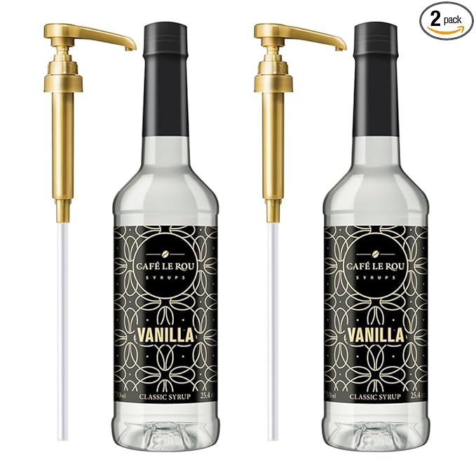 Two 750ml bottles of Café Le Rou vanilla classic syrup with two gold pumps, 2 pack