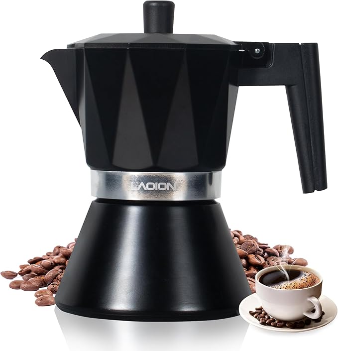 Moka Pot, 6-Cup Espresso Maker, 300ml Portable Stovetop Espresso Maker, Percolator Coffee Pot Compatible with Induction Cooktops, Suitable for Home and Camping (Black)