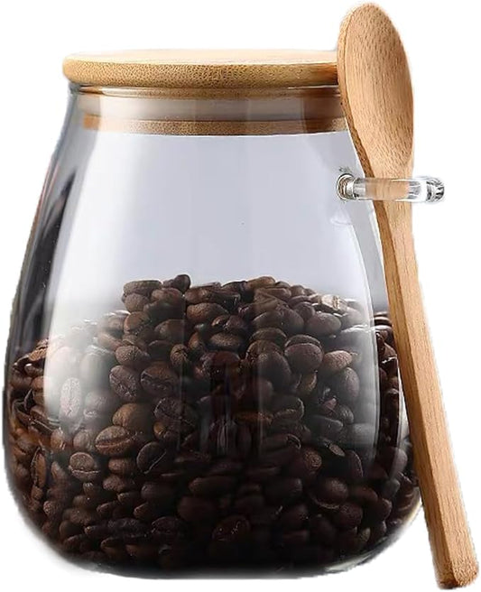 CNWSGEM Sugar Bowls Sugar Container 25.36 FL OZ Glass Coffee Canister Airtight Food Storage Jar with Lid and Spoon Candy Jar Coffee Bar Accessories Storage Beans Powder (Round)