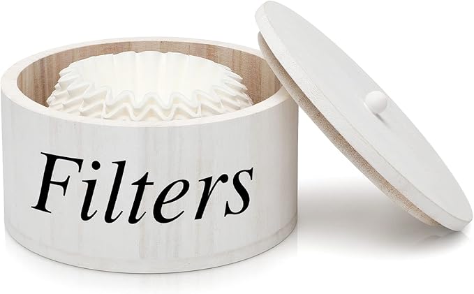 Chunful Coffee Filter Container Wooden Coffee Filter Storage Holder with Lid Farmhouse Bar Accessories Rustic Station Organizer for Storing Various Papers Tea Bags Beans, White