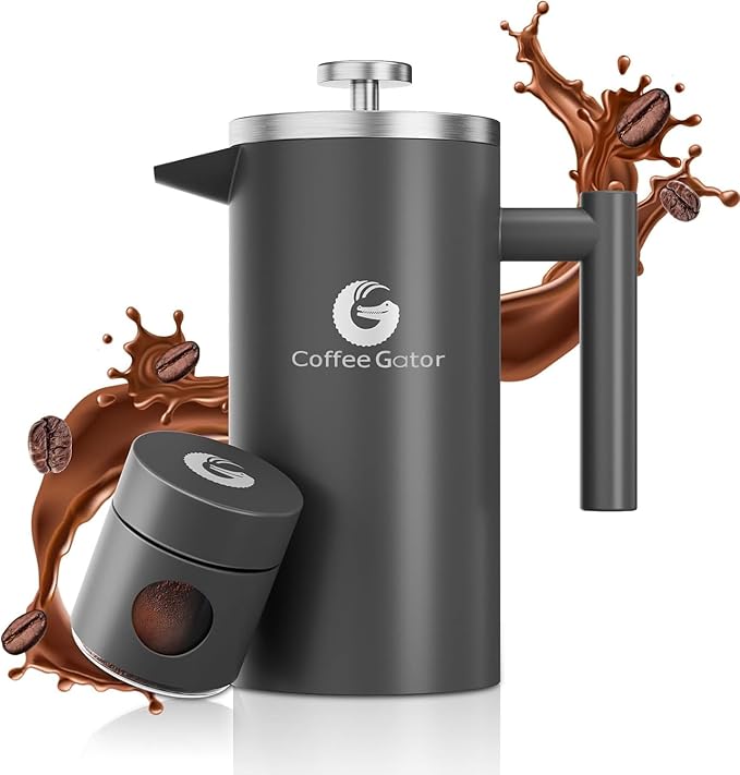 Coffee Gator 304 Grade Stainless Steel French Press Coffee Maker 34 oz, Double Wall Insulated Hot Cold Brew Teapot with 4-Level Filtration System, Include Travel Jar Canister, Rust-Free, Kitchen, Gray