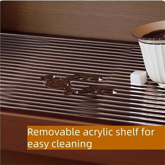 Wooden Trapezoid Mug Holder Stand Coffee Cup Display Shelf with Acrylic Panel and Copper Base Tea Mug Rack for Kitchen Room Decor