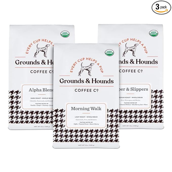 Grounds & Hounds Three Blend Starter Kit - 100% Organic Whole Bean Coffee Variety Pack, Whole Coffee Beans, Includes Three 12oz Bags of Our Most Popular Blends