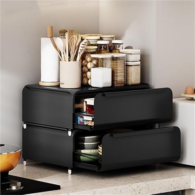 Pull-Out Metal Mug Holder, Countertop Coffee Bar Organizer and Spice Rack, Microwave Stand with Drawer, Stackable Kitchen Counter Organizer(Black)