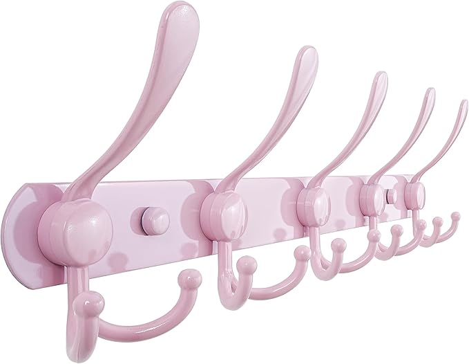 Dseap Coat Rack Wall Mounted - 5 Tri Hooks, Heavy Duty, Stainless Steel, Metal Coat Hook Rail for Coat Hat Towel Purse Robes Mudroom Bathroom Entryway, Pink
