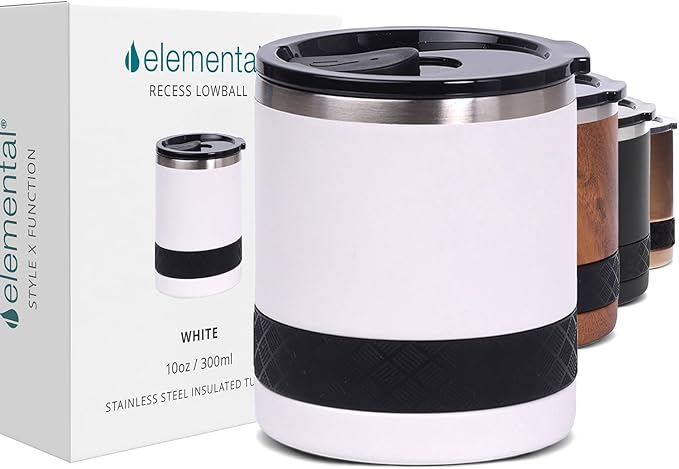 Elemental Recess Lowball Tumbler, 10oz Triple Wall Stainless Steel Cup with Non-Shattered Tritan Lid, Insulated Whiskey Glass, Insulated Coffee Tumbler Mug for Hot & Cold Drinks - White