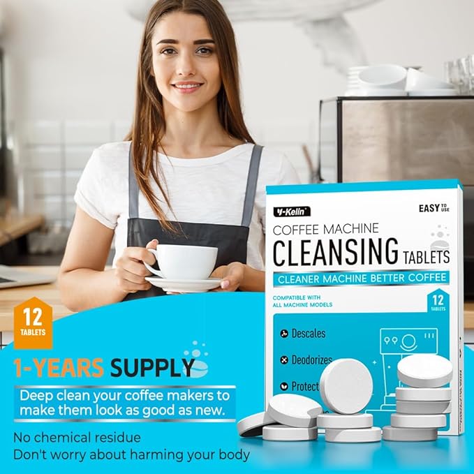 Y-Kelin Coffee Maker Cleaner And Descaler Tablets - 12Count Descaling & Cleaning Solution for Coffee Makers, Pot, Espresso Machines Removes Stains & Oils
