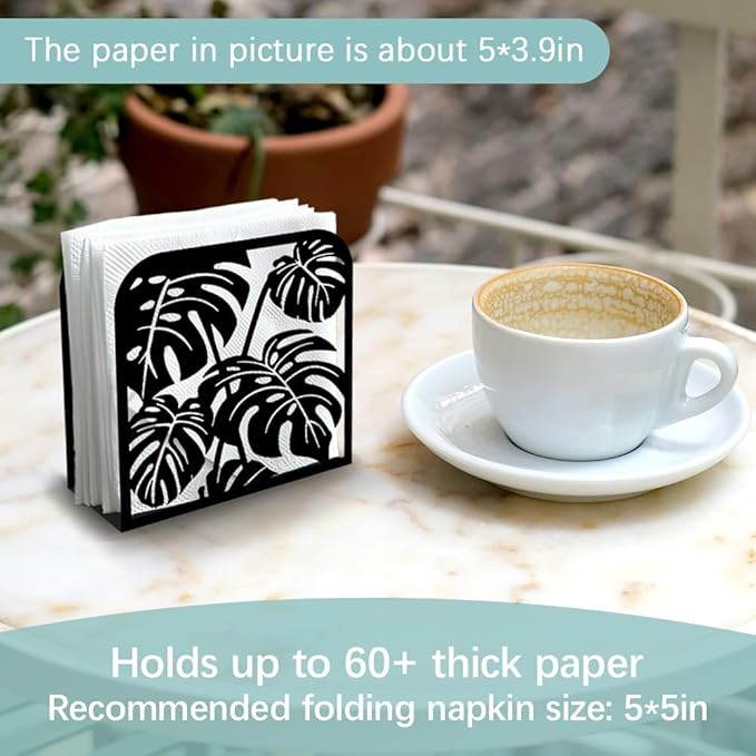 Monstera Leaf Decorative Black Metal Napkin Holder for Table, 4.9" x 4.9" x 1.9" Monstera Deliciosa Standing Napkin Holder for Home Kitchen Restaurant Picnic Party Coffee Bar Dining Room