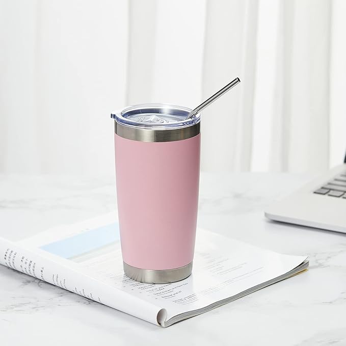 COMOOO 20oz Tumbler Bulk Double Wall Vacuum Insulated Travel Mug, Stainless Steel Tumbler with Lid and Straw Durable Powder Coated Insulated Coffee Cup for Cold & Hot Drinks (pink, 2 pack