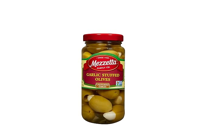 Mezzetta Garlic Stuffed Olives - Greek Green Olives with Fresh Garlic from California - Savory Flavor for Grilled Steak and Appetizers - 100% Natural Gourmet Snack Non-GMO - 6 Oz Jar - Pack of 6