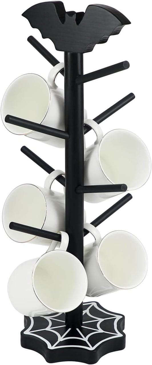 Bat Mug Holder Tree - 8 Hooks Coffee Mug Rack - Gothic Home Decor Wood Coffee Mug Tree for Countertop - Coffee Cup Holder for Halloween Kitchen Organizer & Coffee Bar Accessories (Spider Web)