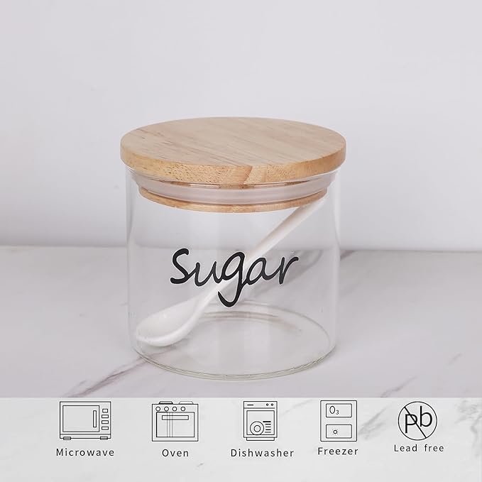Clear Glass Sugar Bowl with Spoon and Silicone Sealing Lid, Farmhouse Kitchen Countertop Canisters, Container Jar Dispenser Holder for Kitchen,12 oz