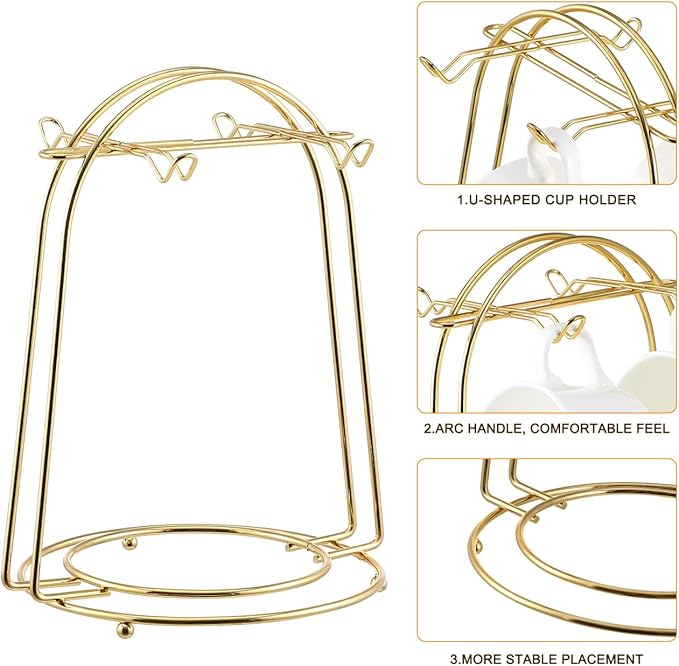 jojofuny Golden Mugs Display Holder Stand with 4 Hook: European Style Coffee Tea Cup Stand for Countertop - Mugs Rack Organizer for Home Bar Accessories