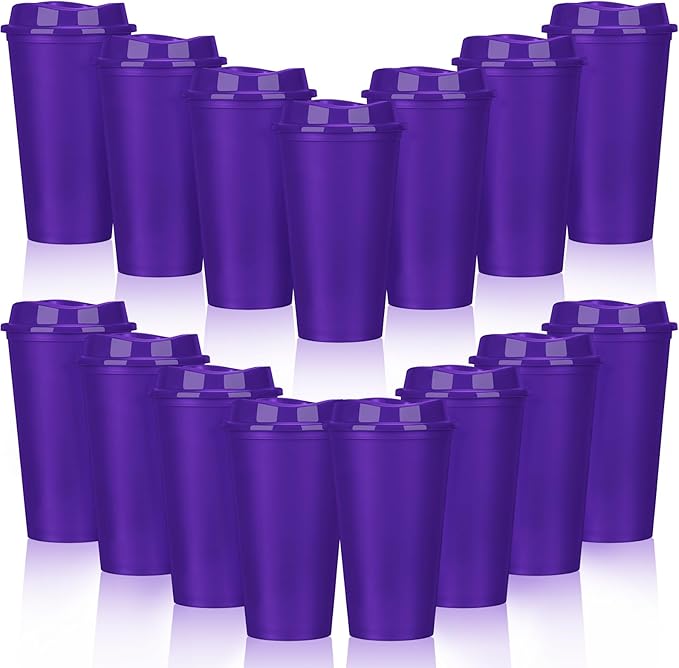 Domensi 15 Pack Reusable Coffee Cups with Lids 16 oz Disposable Travel Cups Bulk Plastic to Go Coffee Tumblers for DIY Hot Cold Drink Party Favors Coworker, Microwaveable (Purple)