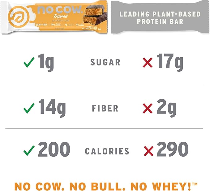 No Cow Vegan Protein Bars, Upgraded Peanut Butter Chocolate Chip | 20g Plant Based Protein, Gluten Free, Dairy Free, Soy Free, Keto Friendly, Low Sugar, High Fiber Snack Bars | Pack of 12