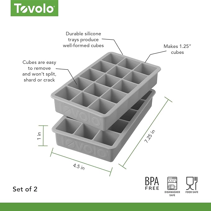 Tovolo Silicone Ice Cube Tray Oyster Gray Pack of 2 BPA Free Ice Tray Mold for Coffee Drinks Cocktails, Dishwasher Safe Easy Release Perfect 1 Inch Cube Ice Tray for Whiskey Bourbon Spirits