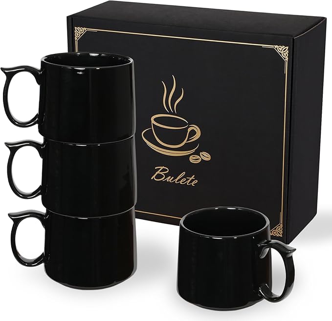 Coffee Mugs Gift Set of 4, Large 19 oz Stackable Ceramic Coffee Mug, Coffee Cups with Large Handle for Latte, Cappuccino, Milk, Tea, Dishwasher & Microwave Safe, Ideal for Men, Women - Black