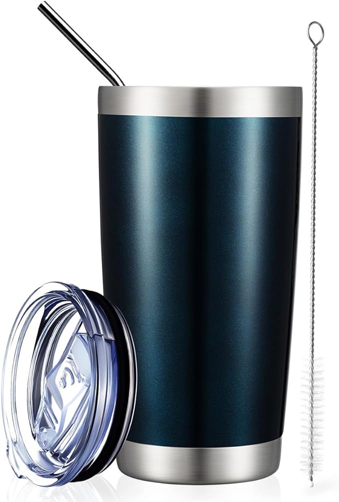 COMOOO 20oz Double Wall Vacuum Insulated Travel Mug, Stainless Steel Tumbler with Lid and Straw Durable Powder Coated Insulated Coffee Cup for Cold & Hot Drinks (Peacock blue, 1)