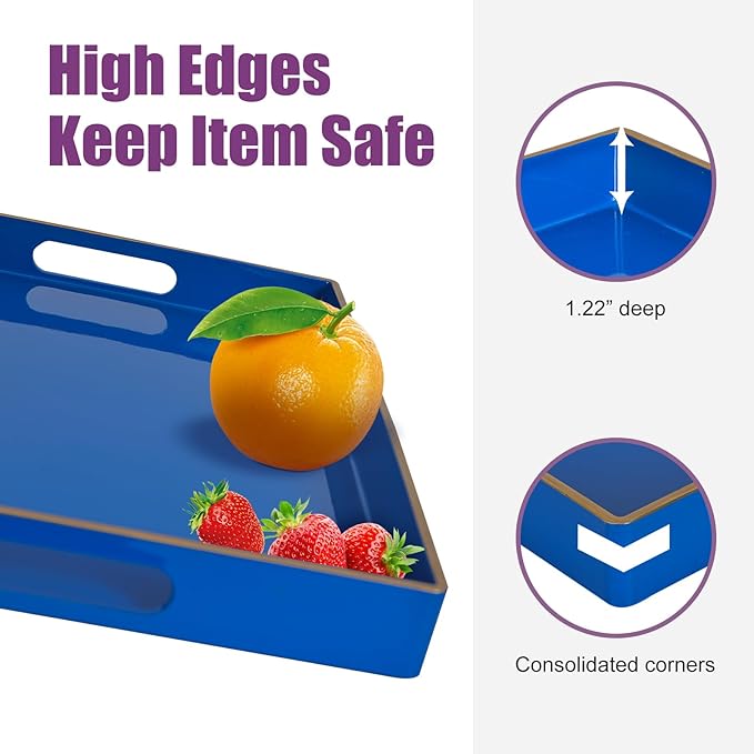 Gifturbo Blue Serving Tray,Decorative Serving Trays with Handles, Coffee Table Tray Ottoman Rectangular Plastic Tray for Living Room, Bathroom, 15.7” x 10.2” x1.37”