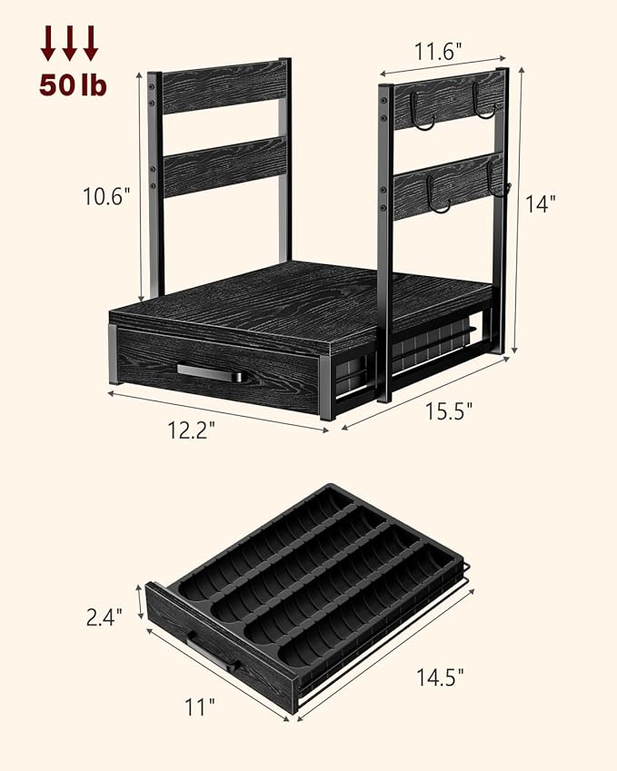 Evermagin Coffee Pod Holder Compatible with Nespresso, Vertuo Pod Holder for 56 Small or 28 Large, Nespresso Capsule Organizer Drawer Coffee Maker Station with Cup Rack, Black