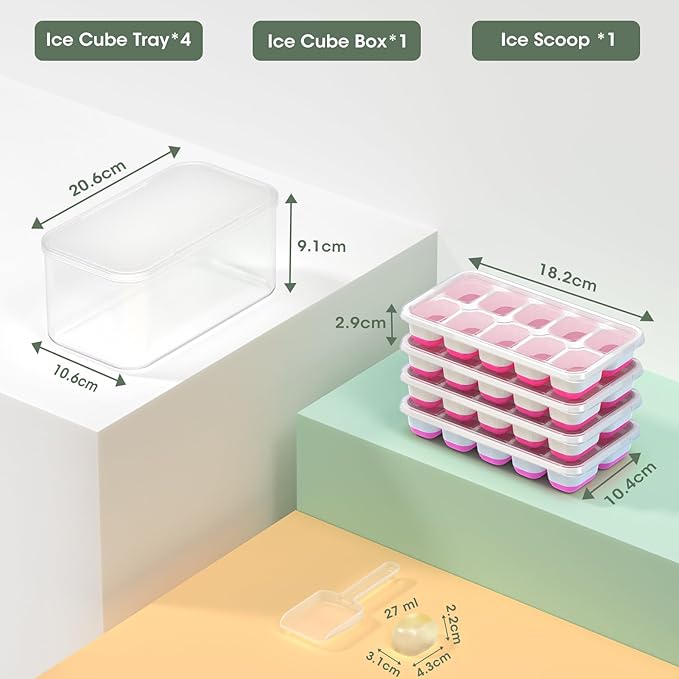 DOQAUS Ice Cube Tray with Lid and Bin - 4 Pack Silicone Ice Cube Trays for Freezer, Stackable Ice Bucket Kits with Storage Container & Scoop for Kitchen, RV, Cocktail, Coffee