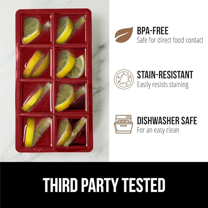 GORILLA GRIP Slow Melting Large Silicone Ice Cube Tray for Freezer, Easy to Push 8 Giant Square Cubes, Use for Cocktails, Iced Coffee, Water Bottle, Frozen Puree, Kitchen Bar Essentials, 1 Pack, Red