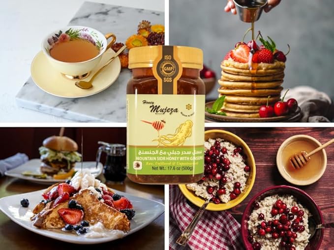 Raw Mountain Sidr Honey with Fresh Royal Jelly and Red Korean Ginseng | Sugar-Free, Gluten-Free, Natural Liquid Honey (500g / 17.6oz)