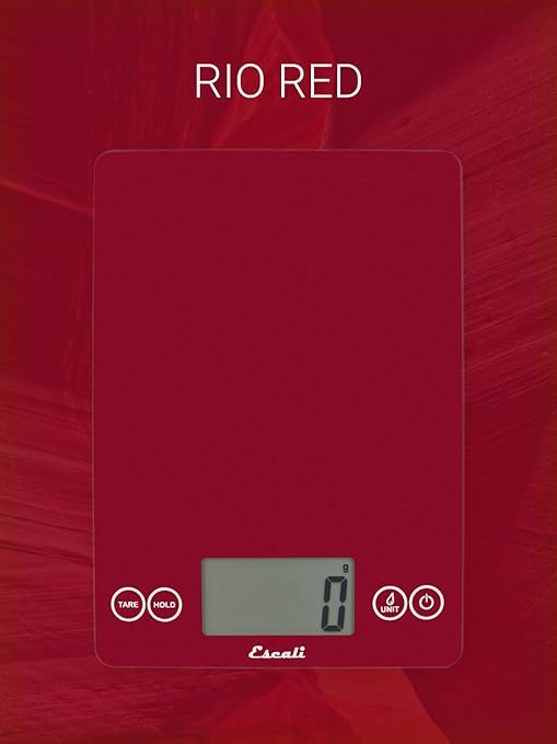 Escali Arti Glass Food Scale Digital Countertop Kitchen, Baking and Cooking Scale with Nutrition and Calorie Counter, 15-Pound Capacity, 9" x 6.5" x .75", Rio Red