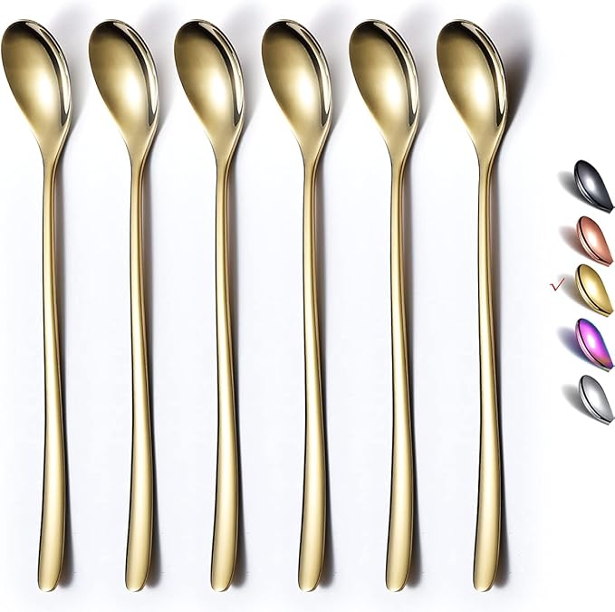 Gold Long Handle Coffee Spoons, Premium Stainless Steel Stirrers for Ice Tea, Ice Cream, Cocktails - Set of 6
