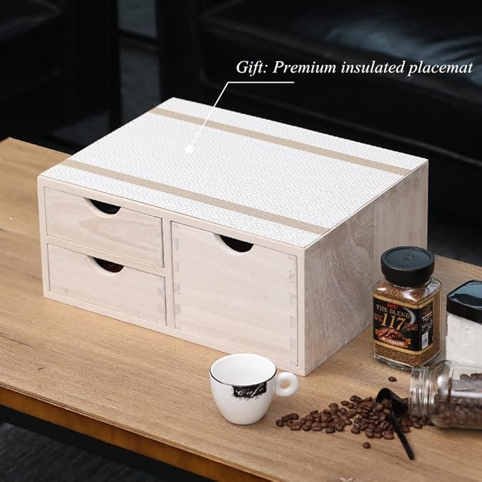Kitchen Storage Organizer with 3 Drawers for Coffee Brew K Cup/Coffee Pod Holder - Office Organization Drawer for Desk, Multi-Purpose Mini Wood Cabinet Countertop Stand Shelf CF2D3C White