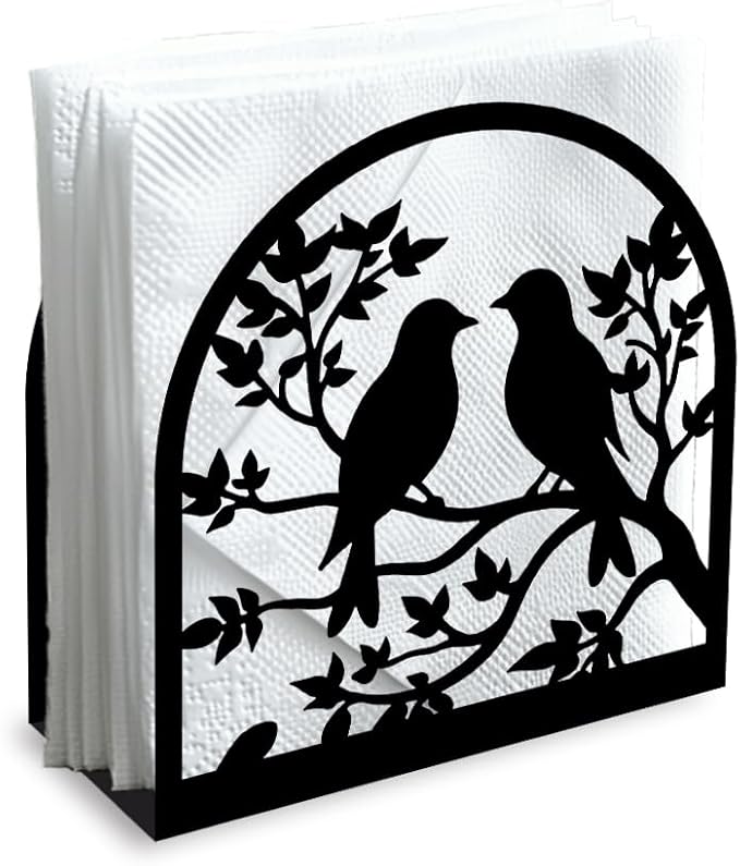 Birds on Branch Decorative Black Metal Napkin Holder for Table, 4.9" x 4.9" x 1.9" Standing Napkin Holder for Home Kitchen Restaurant Picnic Party Coffee Bar Dining Room