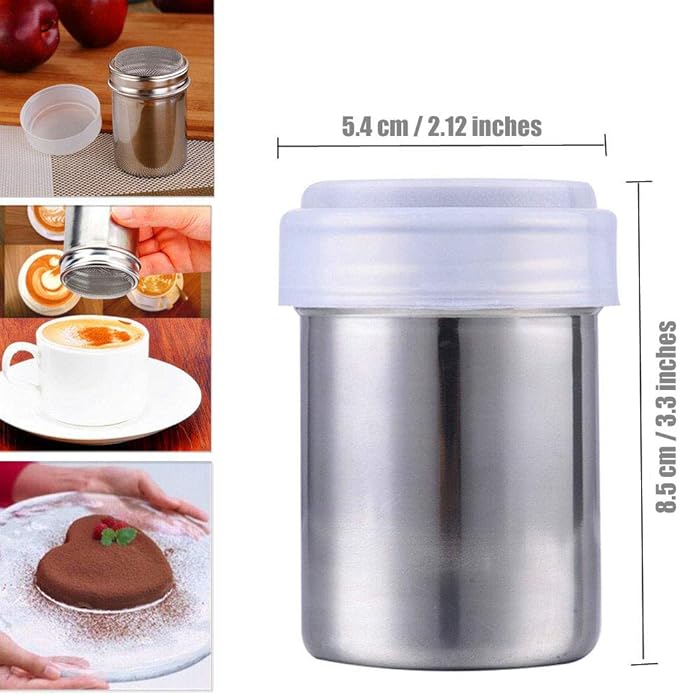 Powder Sugar Shaker with Lid - Stainless Steel Fine Mesh Shaker Cinnamon Icing Sugar Powder Cocoa Flour Chocolate Coffee Sifter Sprinkler Dredgers for Coffee Cappuccino Latte