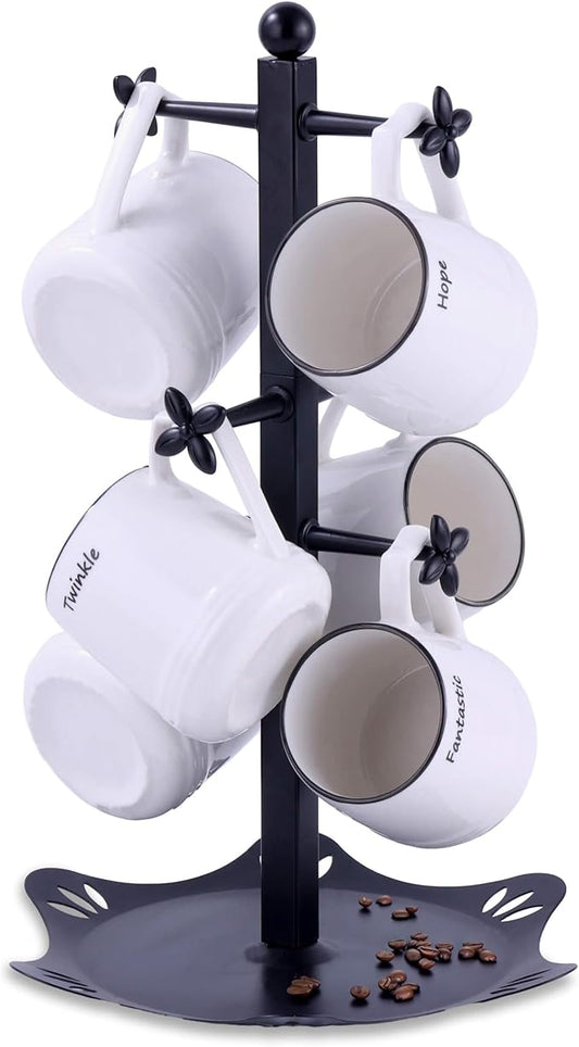 Coffee Mug Holder for Countertop, Cup Holder with 6 Hooks, Mug Stand for Counter, Coffee Bar Accessory, Mug Tree Station Organizer, Black