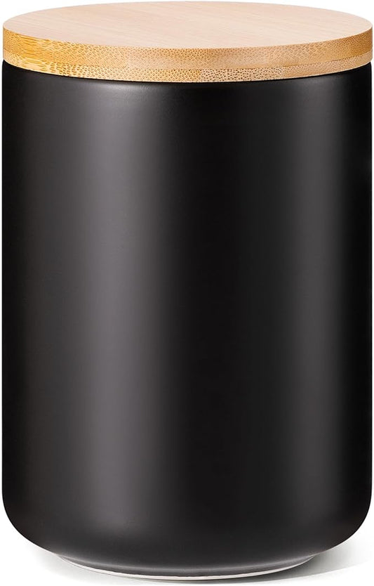 Yangbaga Black Canisters for Kitchen-Kitchen Canisters for Countertop with Airtight Wood Lids/Spoons/Stickers,Ceramic Kitchen Storage Containers for Large Flour,Suger,Coffee（32 OZ)
