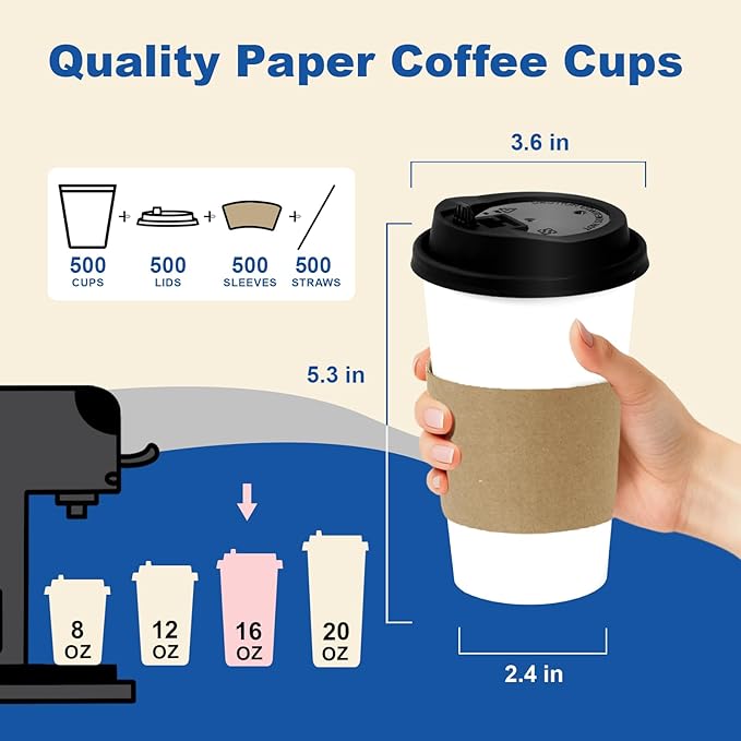 16 oz 500 Pack Coffee Cups with Lids and Sleeves, Straws, Hot Disposable To Go Travel Paper Cups Bulk for Office, Home Coffee Bar Accessories, Chocolate, Cocoa, Beverage (White)
