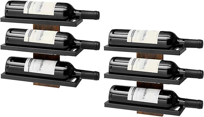 Hoctieon 3-Tier Wall Mount Wine Rack Set (6 Bottles), Wall Mounted Wine Bottle Racks for Display and Storage, Hanging Bottle Holder, for Living Room, Dining Room, Bar, Wine Cellar, Rustic Brown
