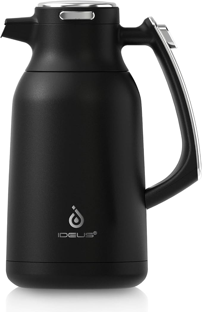 IDEUS Thermal Coffee Carafe 68oz (2,000ml), Stainless Steel Double Wall Insulated Vacuum Flask, Water Jug Coffee Server and Beverage Dispenser, Heat and Cold Retention (Black-Silver, 68oz (2,000ml))