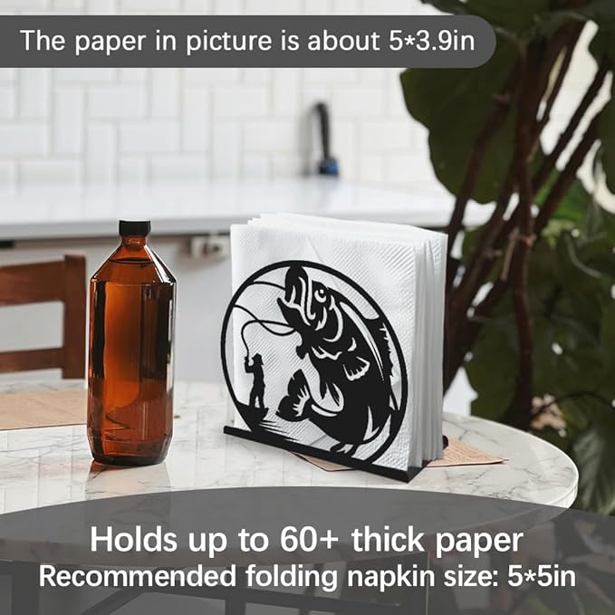 Fishing Decorative Black Metal Napkin Holder for Table, 5.3" x 4.9" x 1.9" Fisherman Fish Standing Napkin Holder for Home Kitchen Restaurant Picnic Party Coffee Bar Dining Room