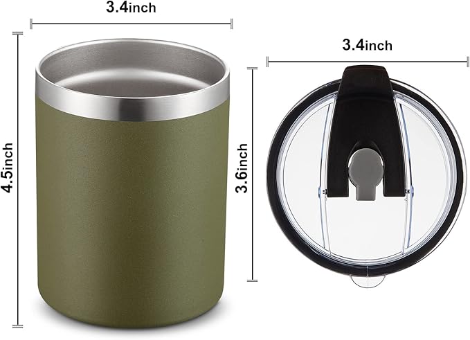 MEWAY 12 oz Lowball, Tumbler Stainless Steel Double Wall Vacuum Insulated Mug with Straw and Lid, Cleaning Brush ，Durable Powder Coated Insulated Coffee Cup for Cold & Hot Drinks (Army Green,1 Pack)
