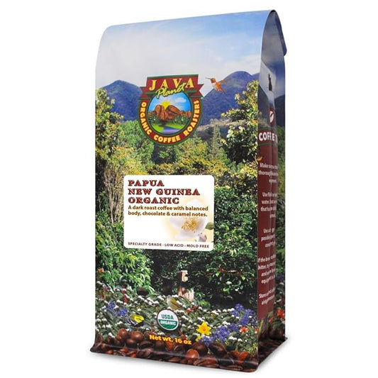 Low Acid Organic Coffee – Whole Bean, Mold-Free & Stomach Friendly by Java Planet, Papua New Guinea Single Origin Coffee, Dark Roast, Smooth Full Flavored, 1LB Bag
