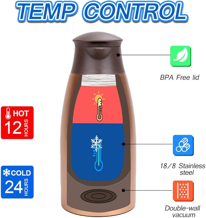 68oz Thermal Coffee Carafe, Stainless Steel Coffee Carafes for Keeping Hot, Airpot Insulated Tea Pot Dispenser for Hot Water, Tea, Hot Beverage - Keep 12 Hours Hot, 24 Hours Cold, Cold