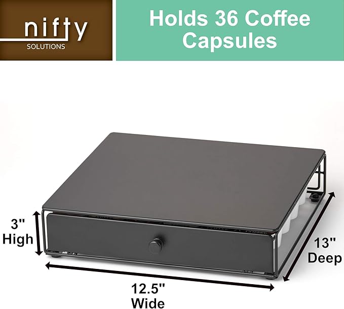 Nifty Coffee Pod Drawer – Compatible with K-Cups, 36 Pod Pack Holder, Non-Rolling, Compact Under Coffee Pot Storage Sliding Drawer, Home Kitchen Counter Organizer, Black