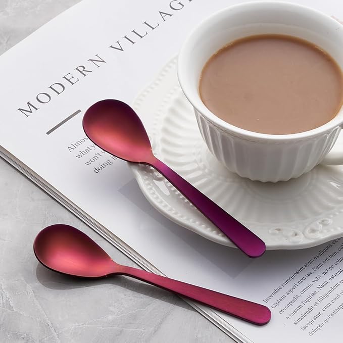 Matte Purple Demitasse Espresso Mini Teaspoons and Sugar Spoons, Stainless Steel Satin Finish, 4.7-inch, Set of 6