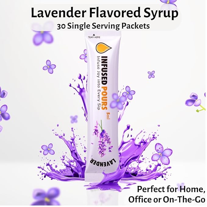 Single Serving Lavender Syrup Packets for Coffee and Cocktails - 5mL Each, 30 Count - Bag of Syrups by Infused Pours (5mL, Lavender)