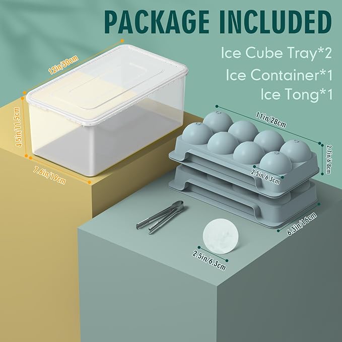 WIBIMEN Large Ice Cube Molds, Big Round Whiskey Ice Cube Trays for Freezer, Easy to Fill & Release, Whiskey Bourbon Cocktail(2.5In*8 Balls- Blue/2 Pack)