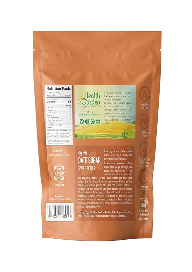 Health Garden Date Sugar (16 OZ), Organic Date Sugar Sweetener, All-Natural Dried Ground Dates, Rich in Vitamins and Minerals, No Gluten, Non-GMO, Low Glycemic Sugar Substitute (1 LB pack of 2)