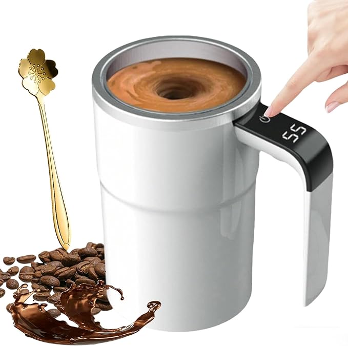 Electric Coffee Mug with a Built-in LCD Thermometer, Automatic Magnetic Stirring Coffee Mug, 380ML/13OZ, Stainless Steel Self Stirring Cup with Lid, Perfect for Brewing Coffe-e, Milk, Cocoa (White)