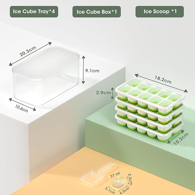 DOQAUS Ice Cube Tray with Lid and Bin - 4 Pack Silicone Ice Cube Trays for Freezer, Stackable Ice Bucket Kits with Storage Container & Scoop for Kitchen, RV, Cocktail, Coffee