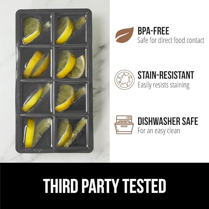 GORILLA GRIP Slow Melting Large Silicone Ice Cube Tray for Freezer, 2 Pack, Easy to Push 8 Giant Square Cubes, Use for Cocktails, Iced Coffee, Water Bottle, Frozen Puree, Kitchen Bar Essentials, Gray